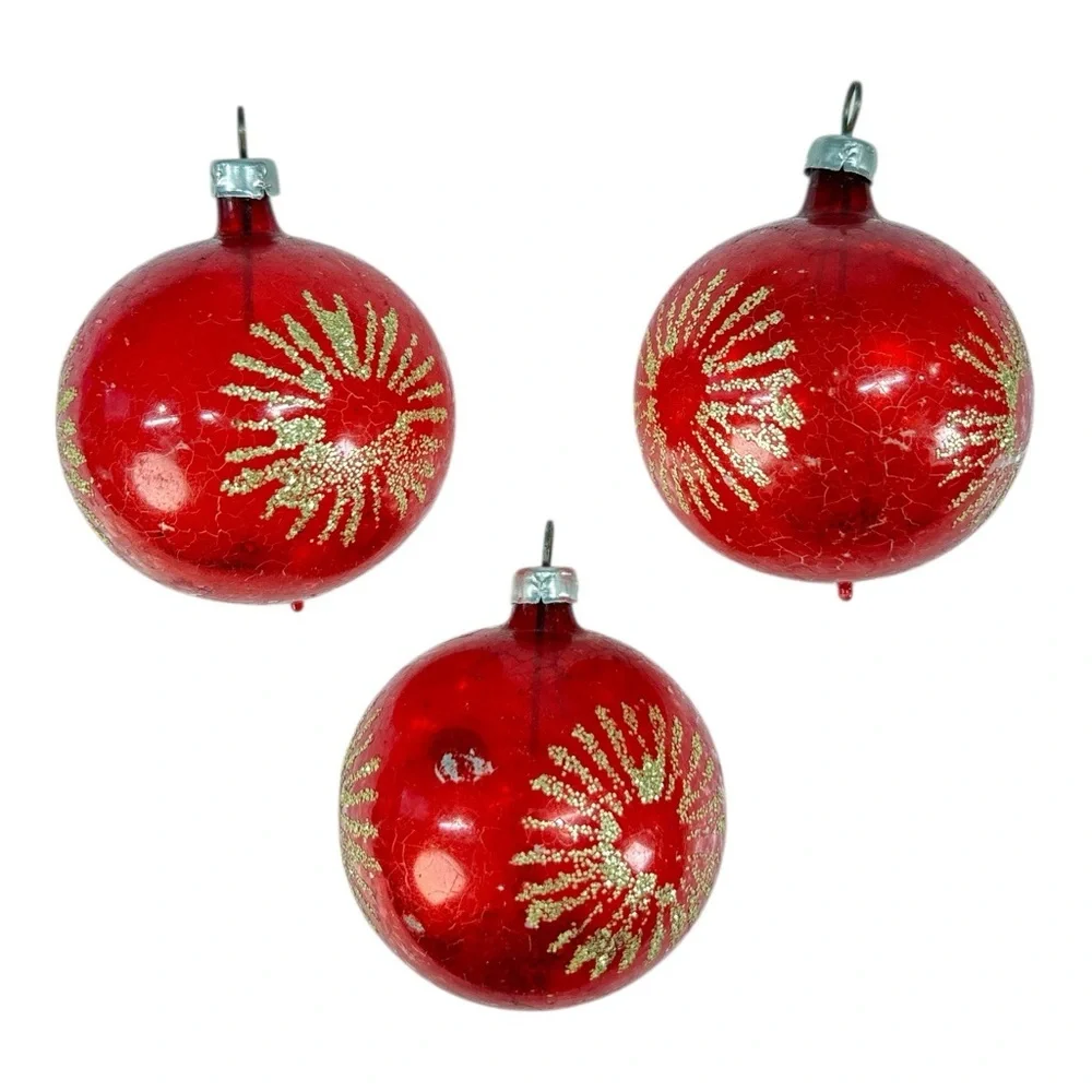 4 Vtg Glass Christmas Balls Ornaments Red Gold Glitter Starburst West Germany